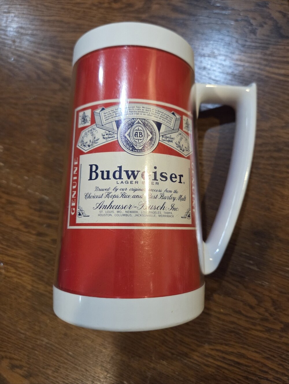 Vintage Budweiser Red & White Mug with Classic Retro Label Party Collectable